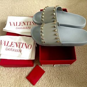 Authentic Valentino Grey Slides with box and shoe bags